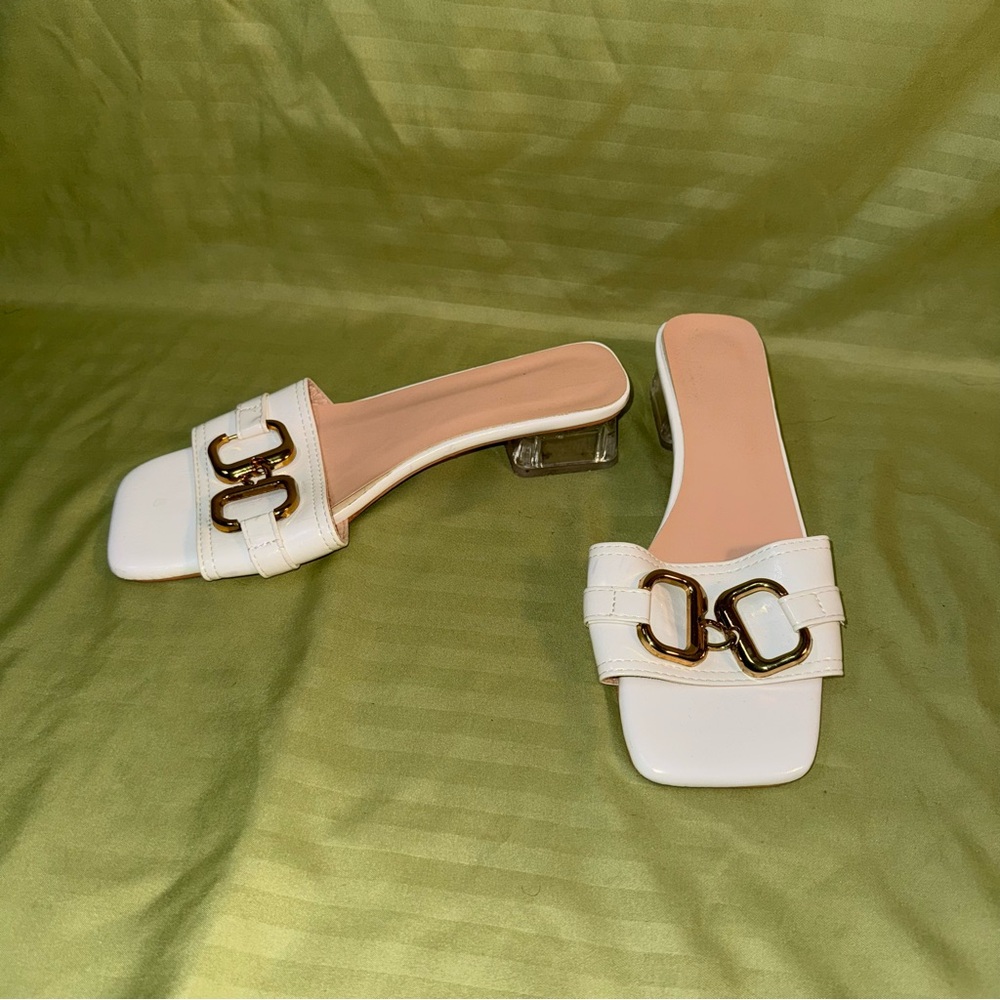 Elegant White Slide Sandals with Gold Buckle